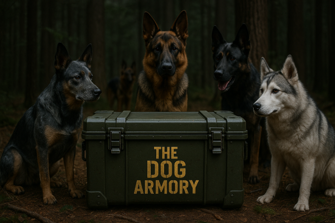 Four dogs sitting around a green 'The Dog Armory' cooler box in a forest setting.